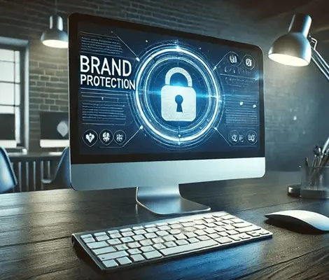 computer screen displaying 'Brand Protection' with a lock, symbolizing digital security and copyright protection