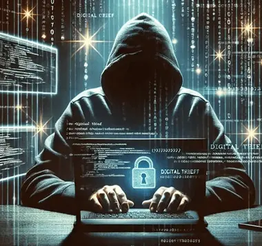 hooded figure stealing data from a computer screen, symbolizing online content theft